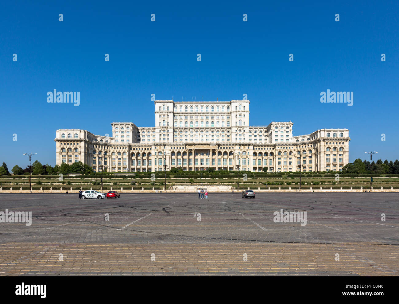 Bucharest's huge Palace of Parliament (Palatul Parlamentului) on a clear sunny day, Bucharest, Romania, Europe Stock Photo
