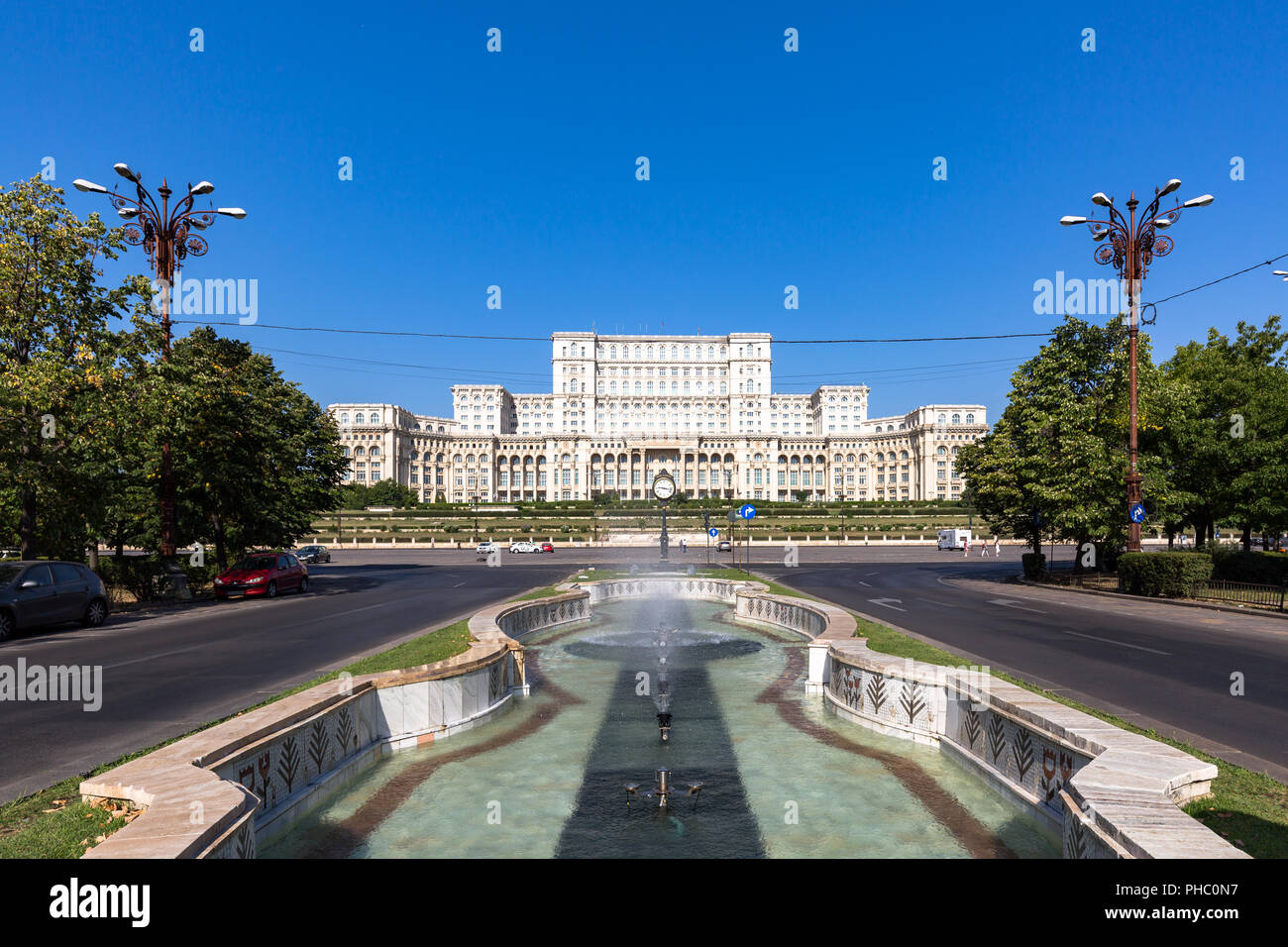 Bucharest's huge Palace of Parliament (Palatul Parlamentului) on a clear sunny day, Bucharest, Romania, Europe Stock Photo