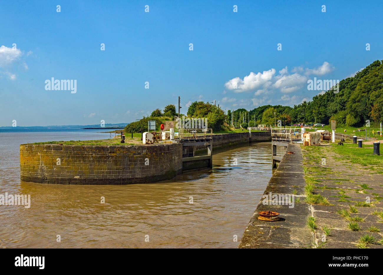 The entrance to Lydney harbour off the River Severn opposite Sharpness, Gloucestershire Stock Photo