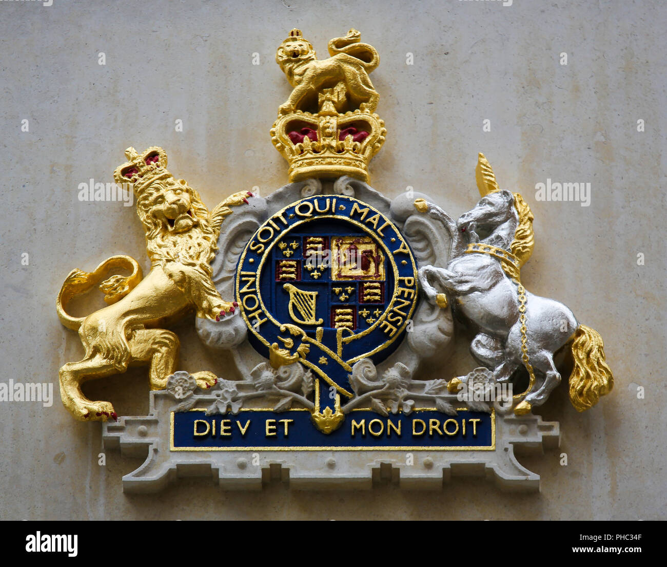Royal Shield of the Monarch of the United Kingdom, with the motto Dieu et mon Droit, meaning God and my right Stock Photo