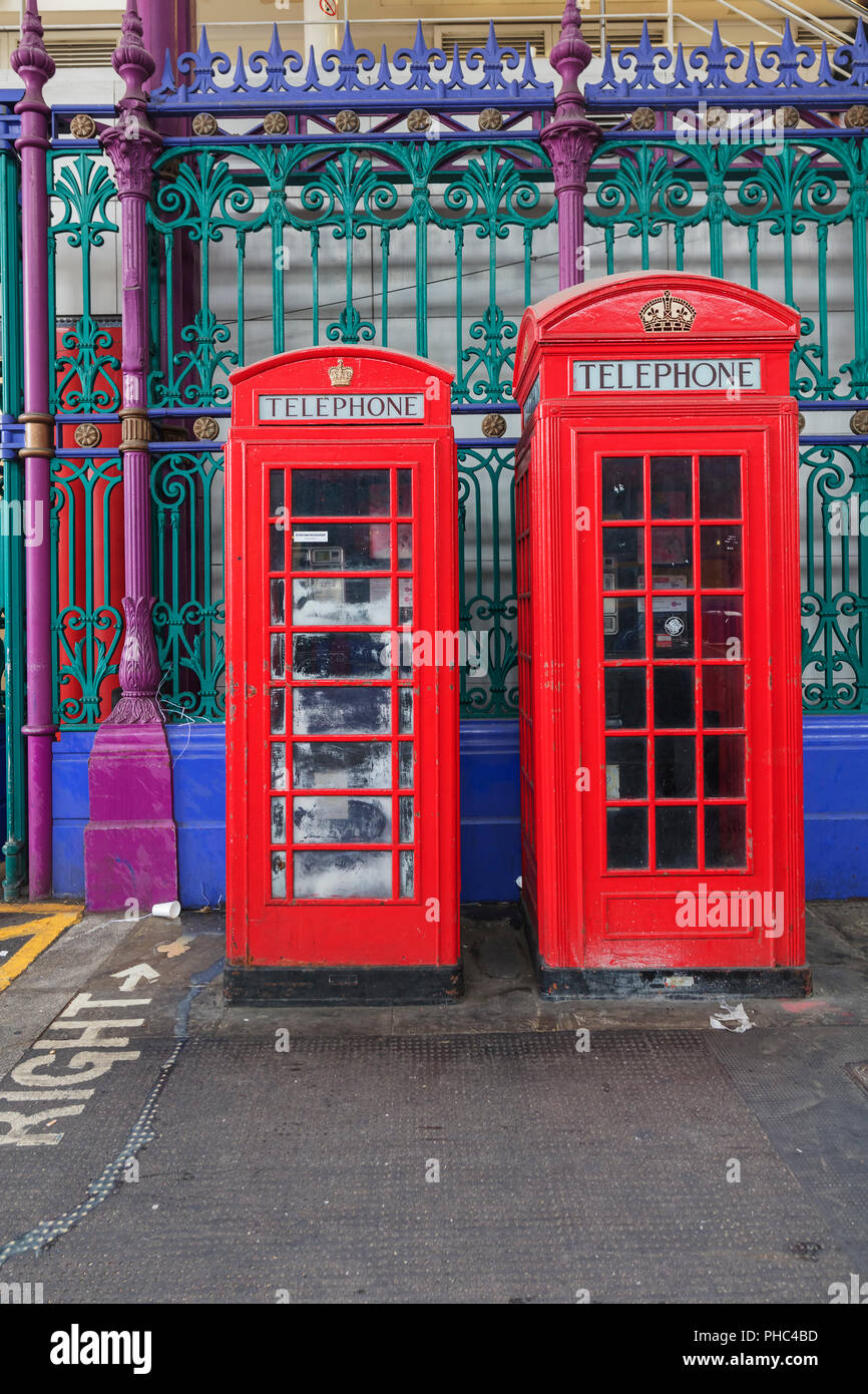 Red telephone cabin, Smithfield Market, London, England, UK Stock Photo