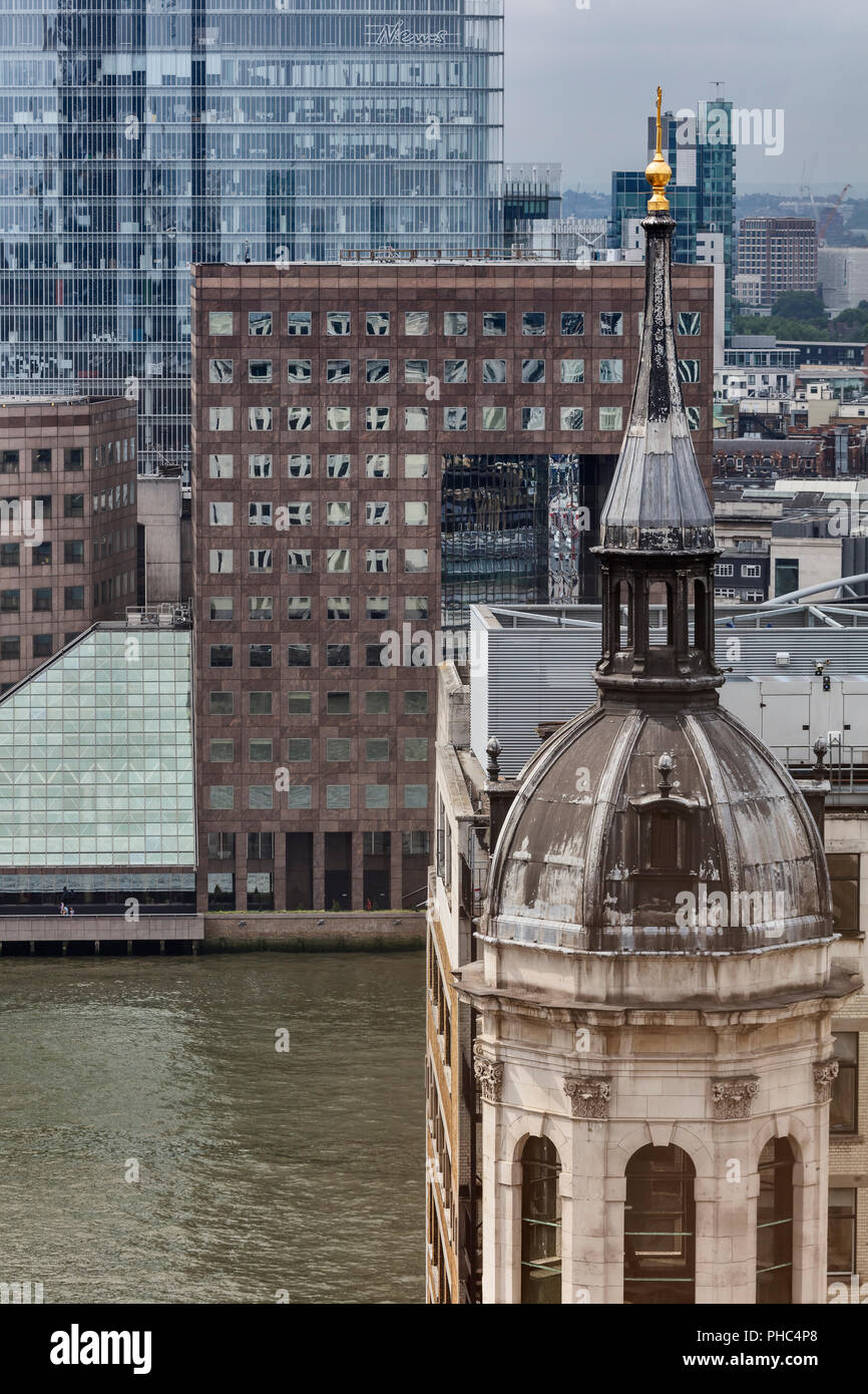 Tower of St Magnus The Martyr church and modern buildings, Cityscape from Monument to the Great Fire of London, London, England, UK Stock Photo