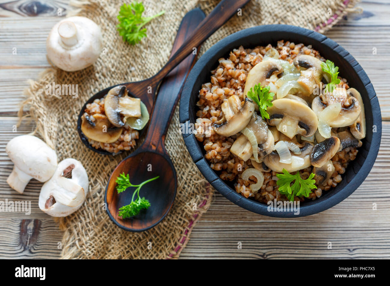 Boiled buckwheat with fried mushrooms and onion Stock Photo Alamy