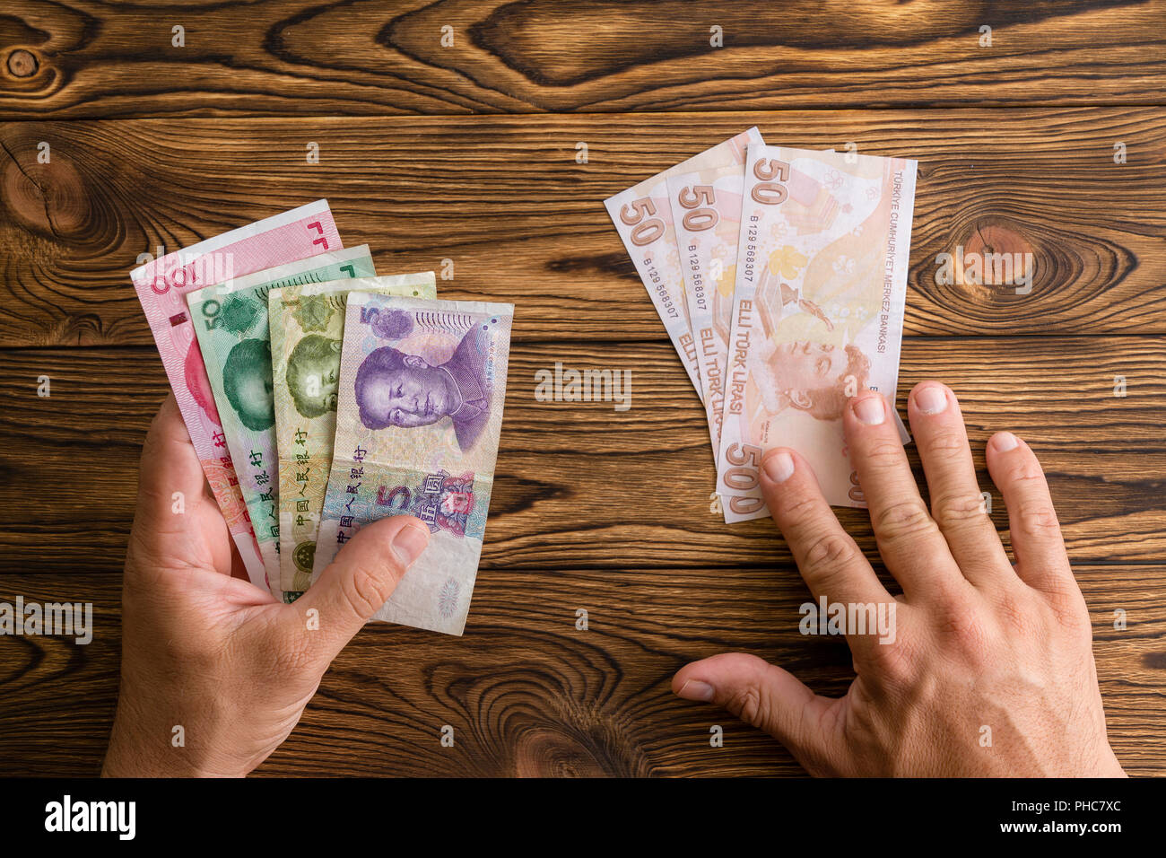 Man using Chinese Yuan to pay instead of Turkish lira in a concept of foreign trade and currency exchange, crisis, devaluation, and economic policy Stock Photo