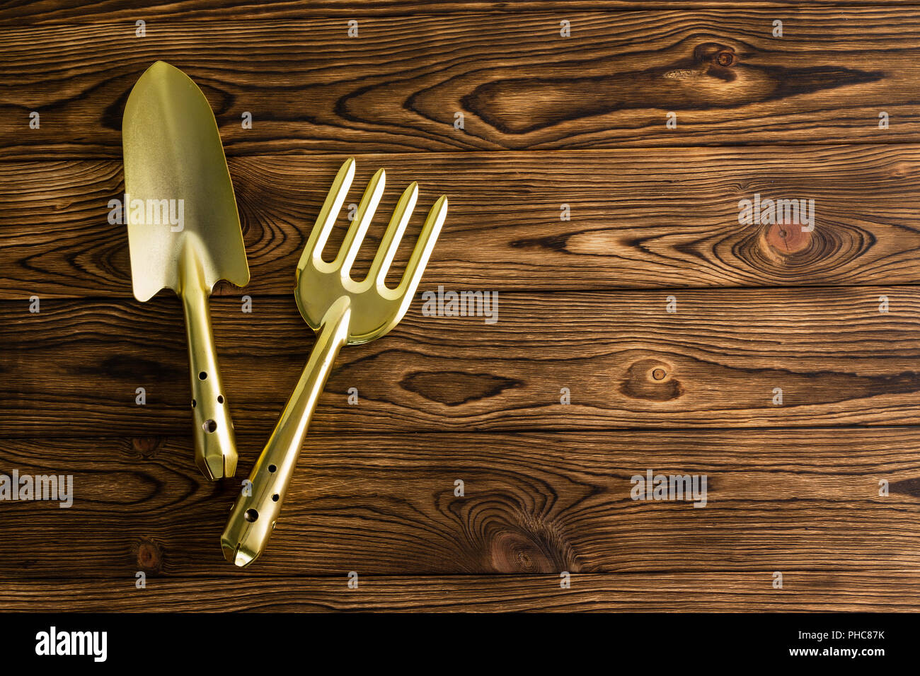 Conceptual view of golden color garden tools on rustic wooden garden table for professional gardeners Stock Photo