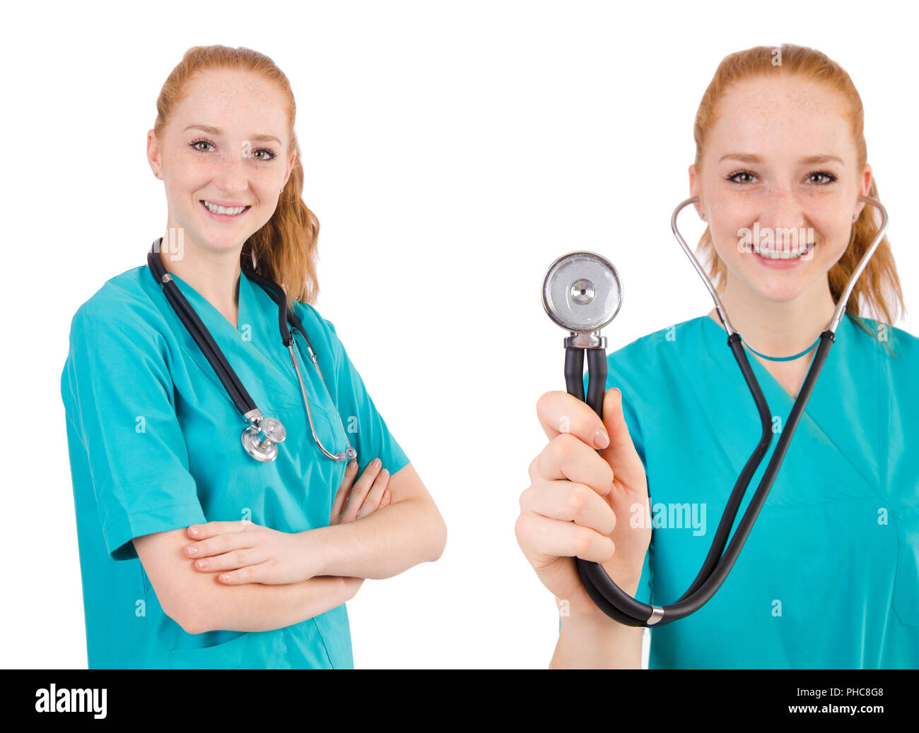 The young medical trainee with stethoscope isolated on white Stock
