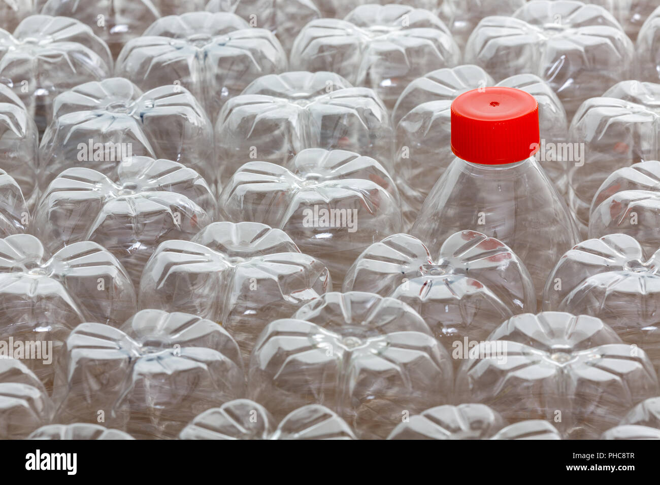 Single unique plastic bottle with red cap amongst many upturned clean empty bottles in a concept of recycling and individuality, full frame close up v Stock Photo