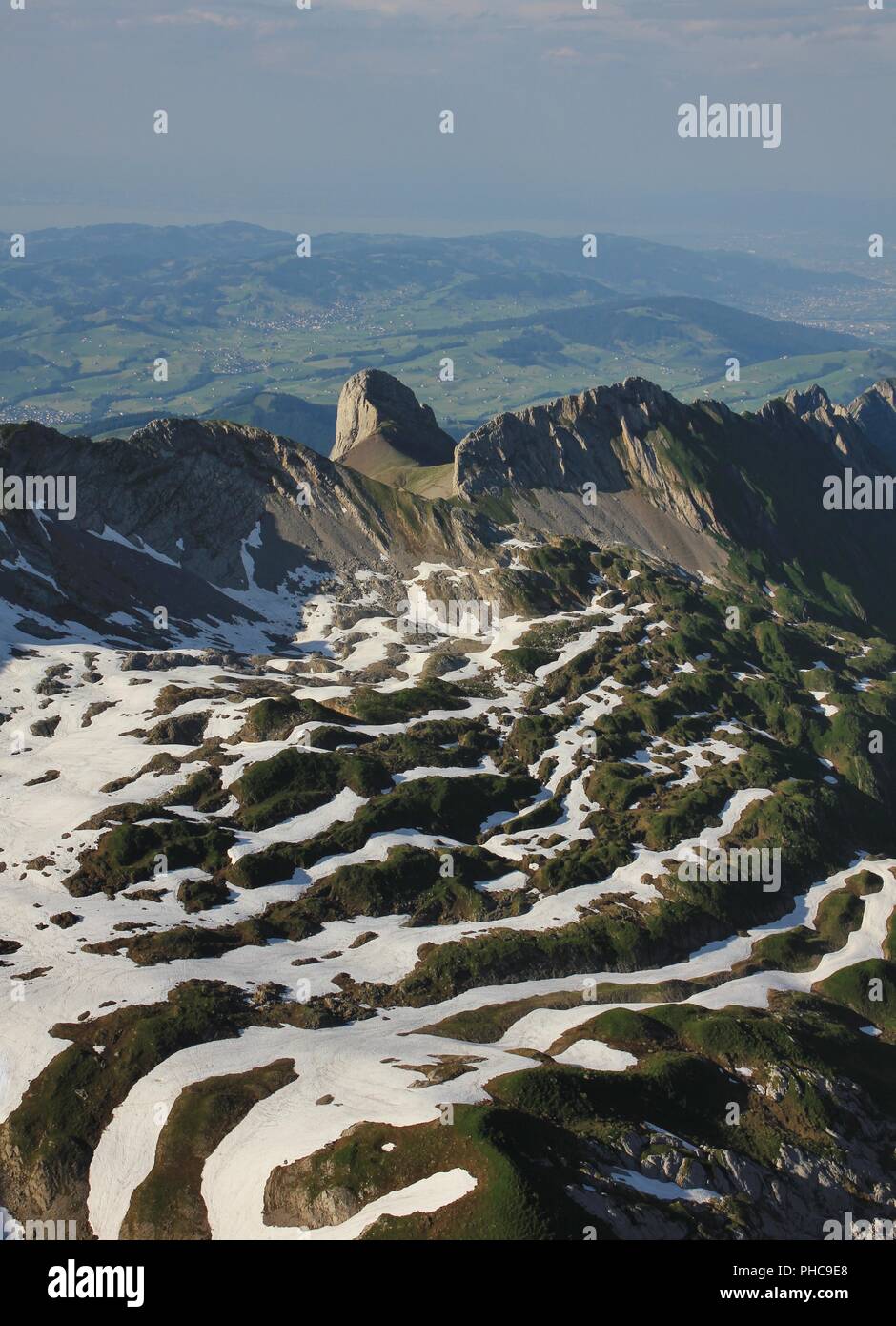 Early summer in the Alpstein region. View from mount Santis Stock Photo ...