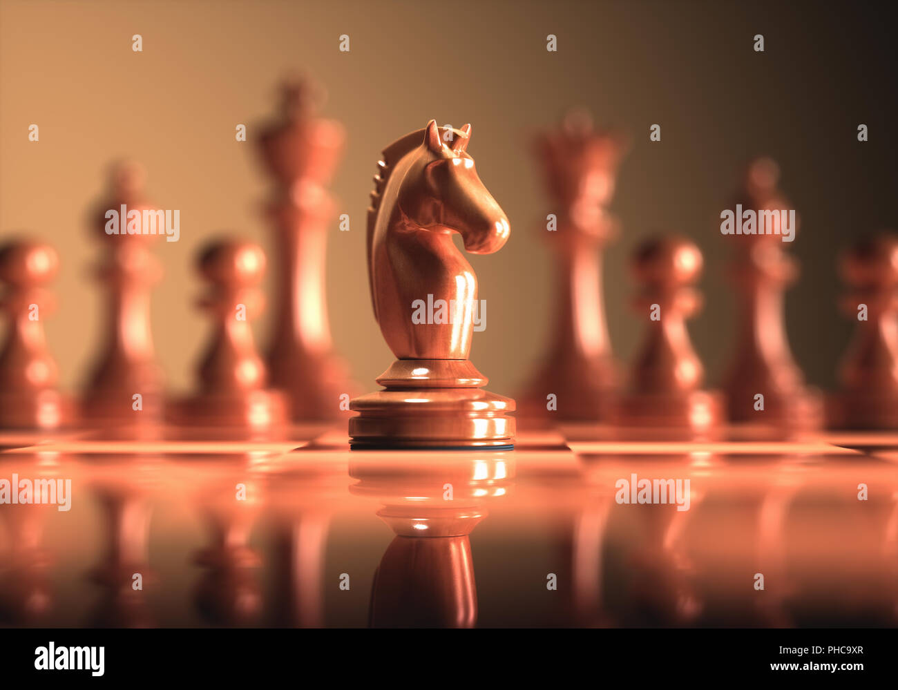 The Knight in highlight. Pieces of chess game, image with shallow depth of field. Stock Photo