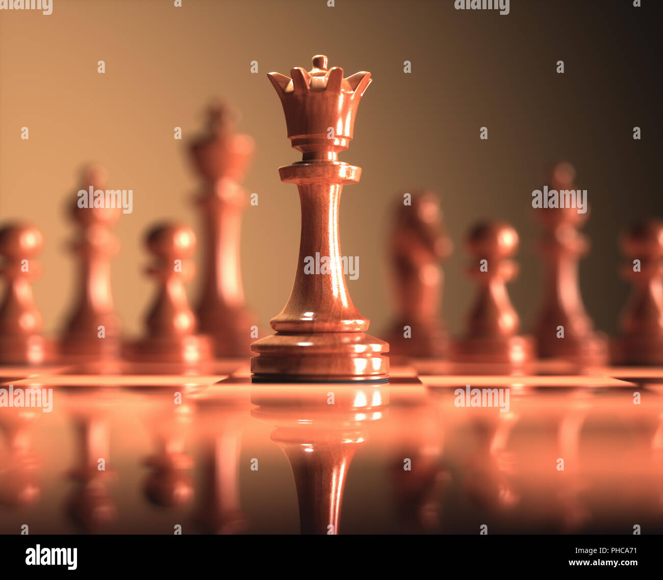 The Queen in highlight. Pieces of chess game, image with shallow depth of field. Stock Photo