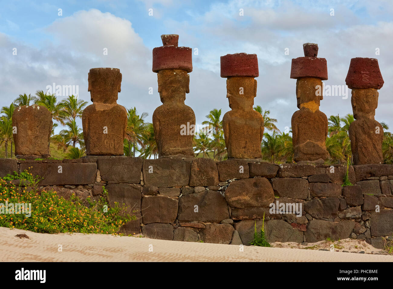 Ahu Nau Nau, Anakana, Easter Island, Rapa Nui, Chile, Isla de Pascua Stock Photo