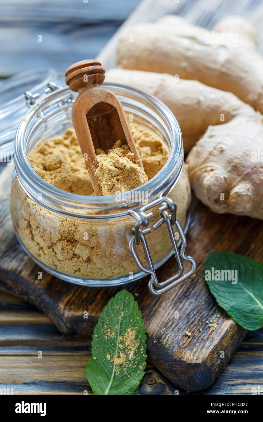 Ground ginger in a glass jar Stock Photo Alamy