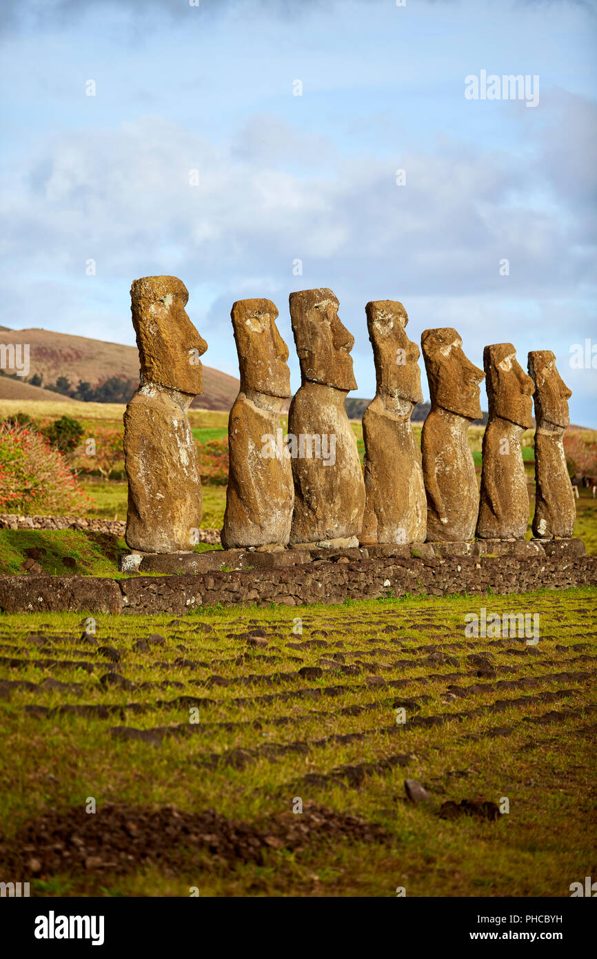 Ahu Akivi Moai stone heads Rapa Nui Easter Island Isla de Pascua Chile