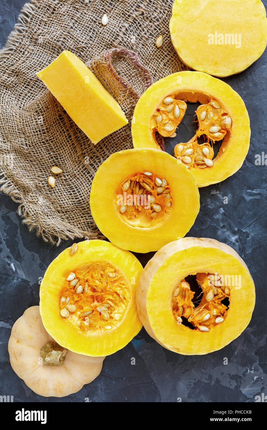 Round slices of pumpkin with seeds. Stock Photo