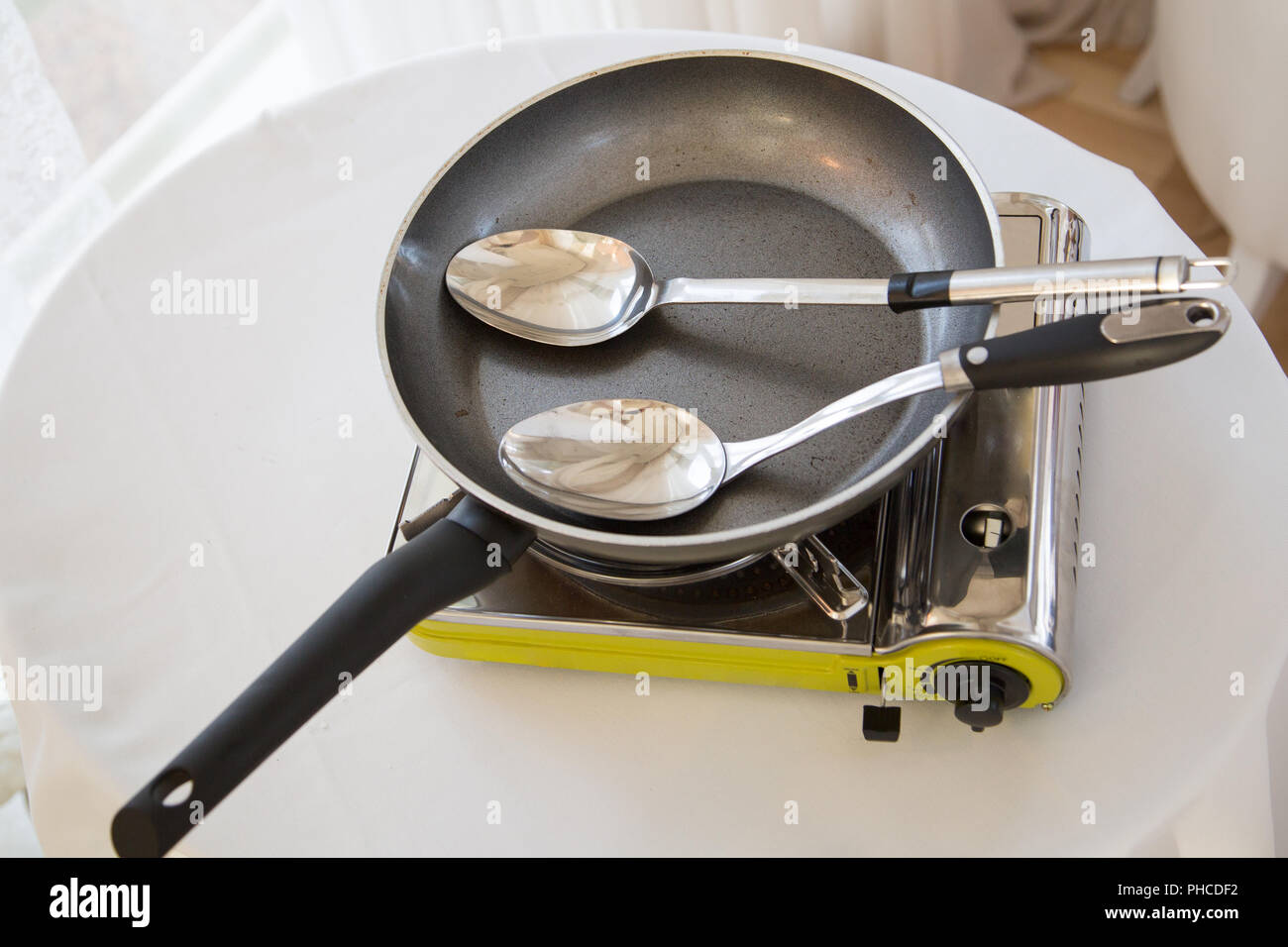 Portable gas stove on the table Stock Photo