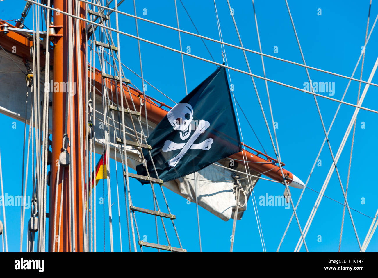 flying pirate flag Stock Photo