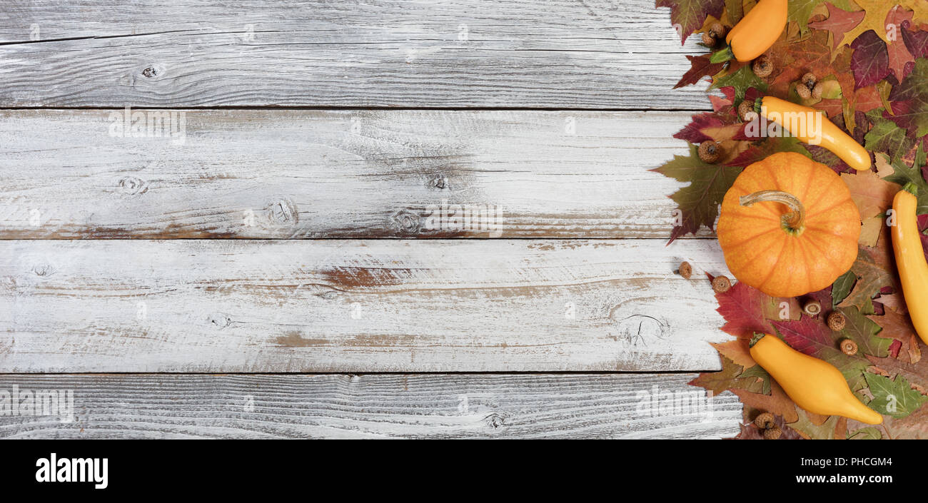 Seasonal vegetables with Autumn foliage on rustic white wooden boards Stock Photo