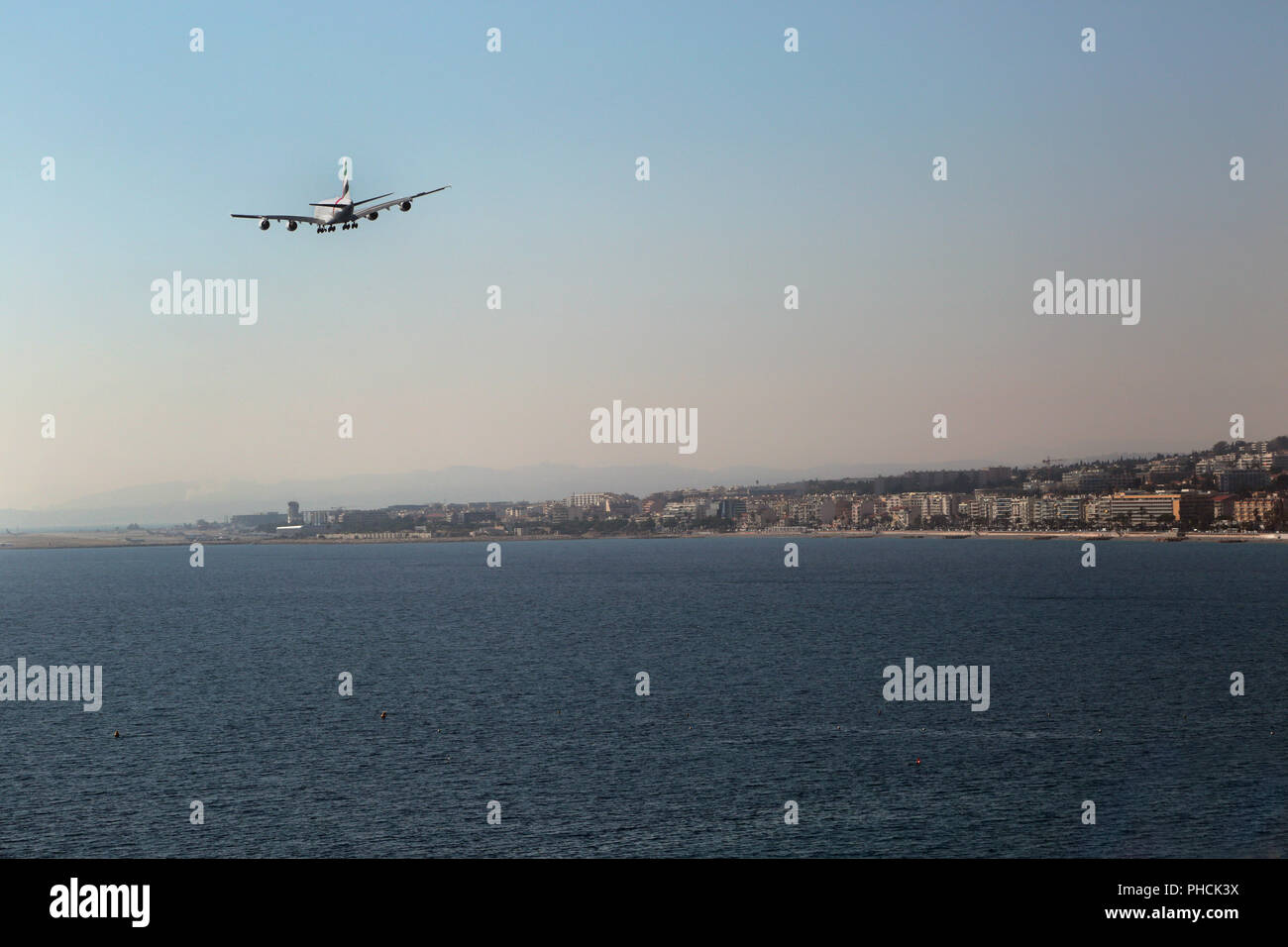 Nice in France with approaching Airbus A380 Stock Photo