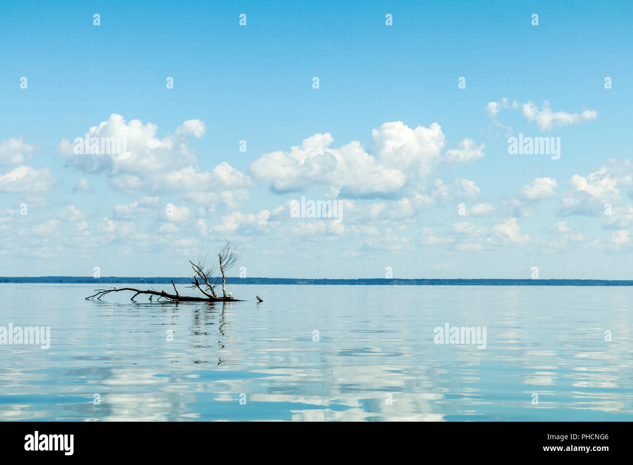 Blue sky with light white clouds over river surface Stock Photo