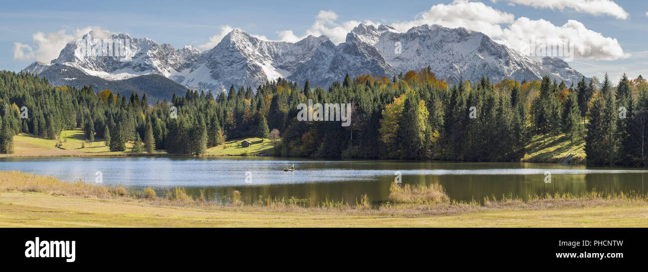 wide angle view to lake in Bavaria with alps mountains Stock Photo