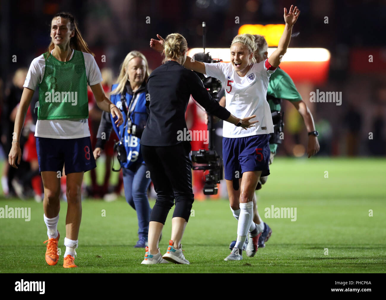 Rodney England England Women's Steph Houghton (right) celebrates victory after the ...