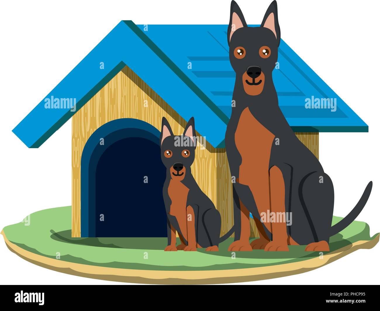 dog house with dobermans over white background, vector illustration
