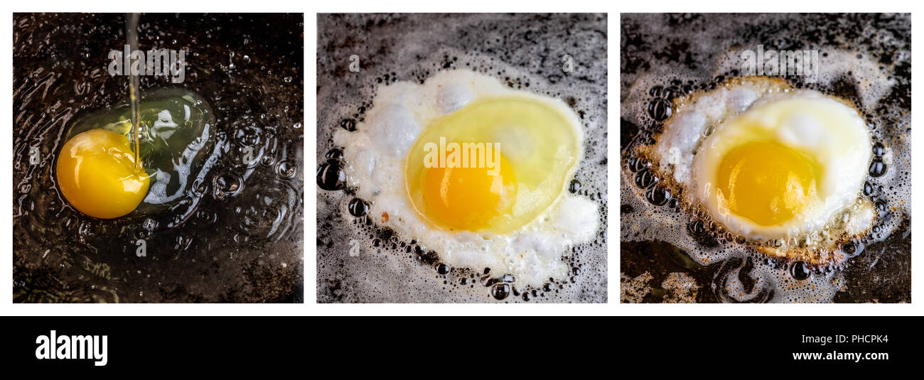 Triptych of eggs as they progress through frying in oil and butter in a carbon steel pan Stock Photo