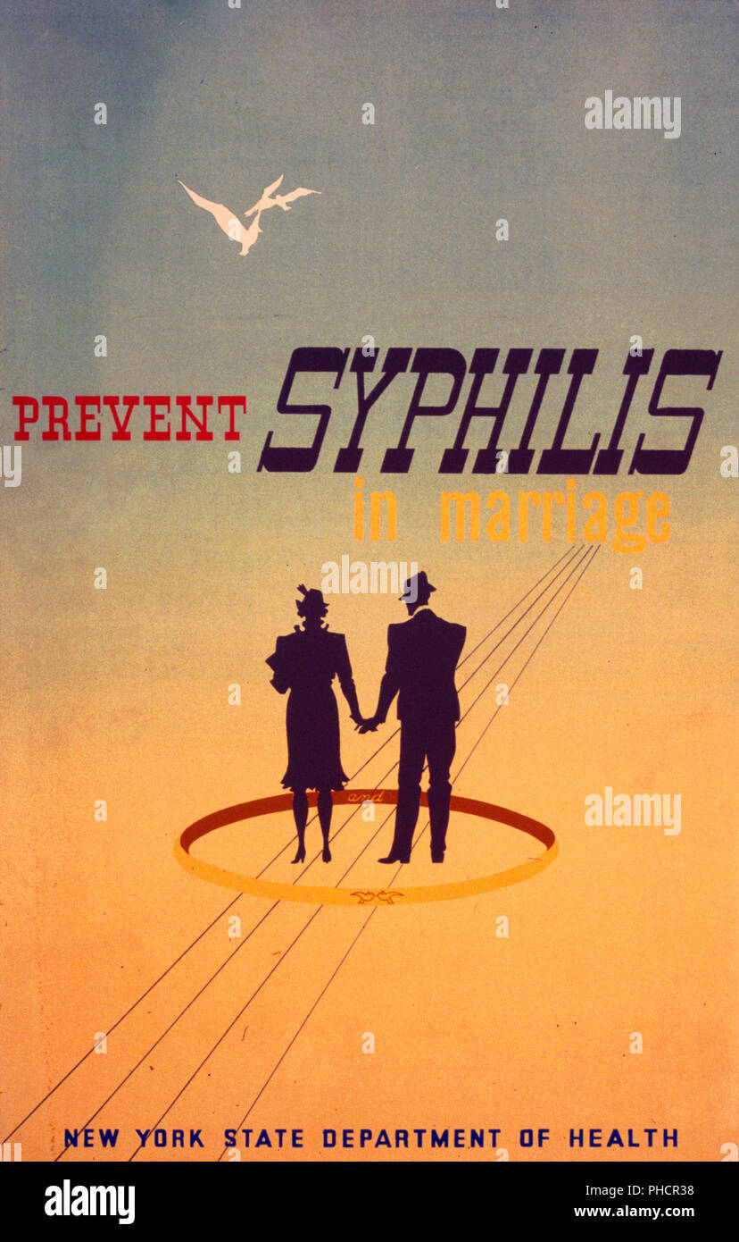Poster for the New York State Department of Health encouraging couples to take action to prevent syphilis in marriage. Stock Photo