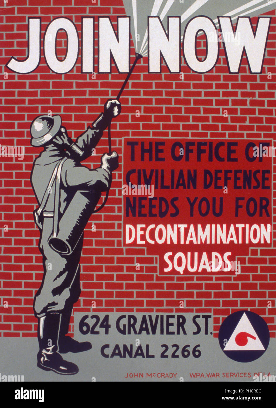 Poster encouraging civilians to join civil defense squads, showing a man in uniform spraying a building. Stock Photo