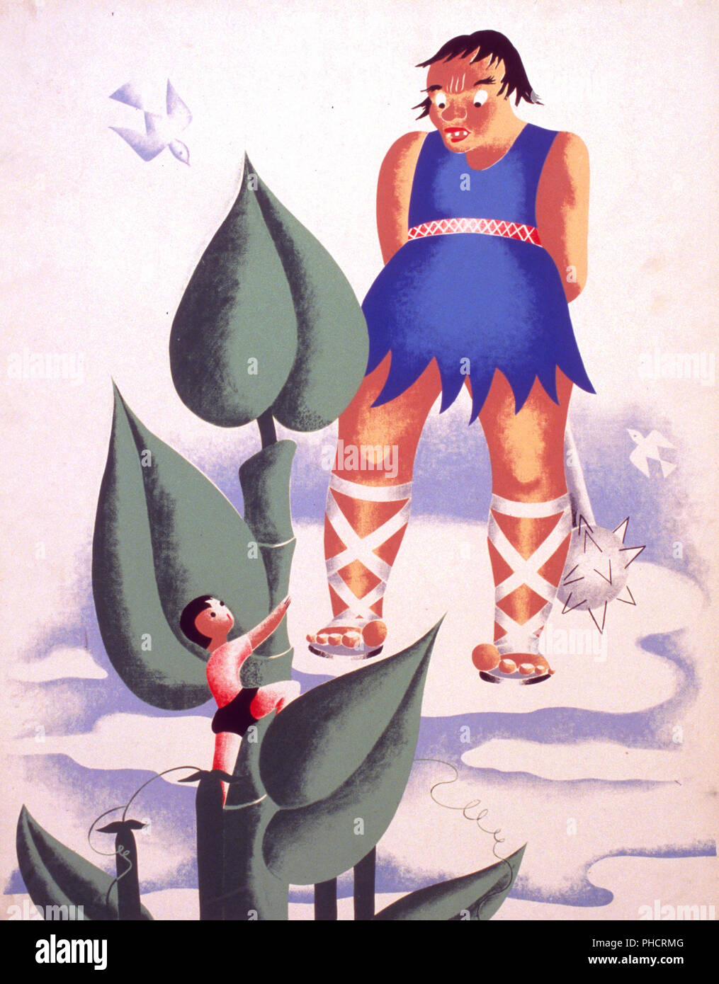 Poster depicting Jack climbing the beanstalk and the giant waiting for