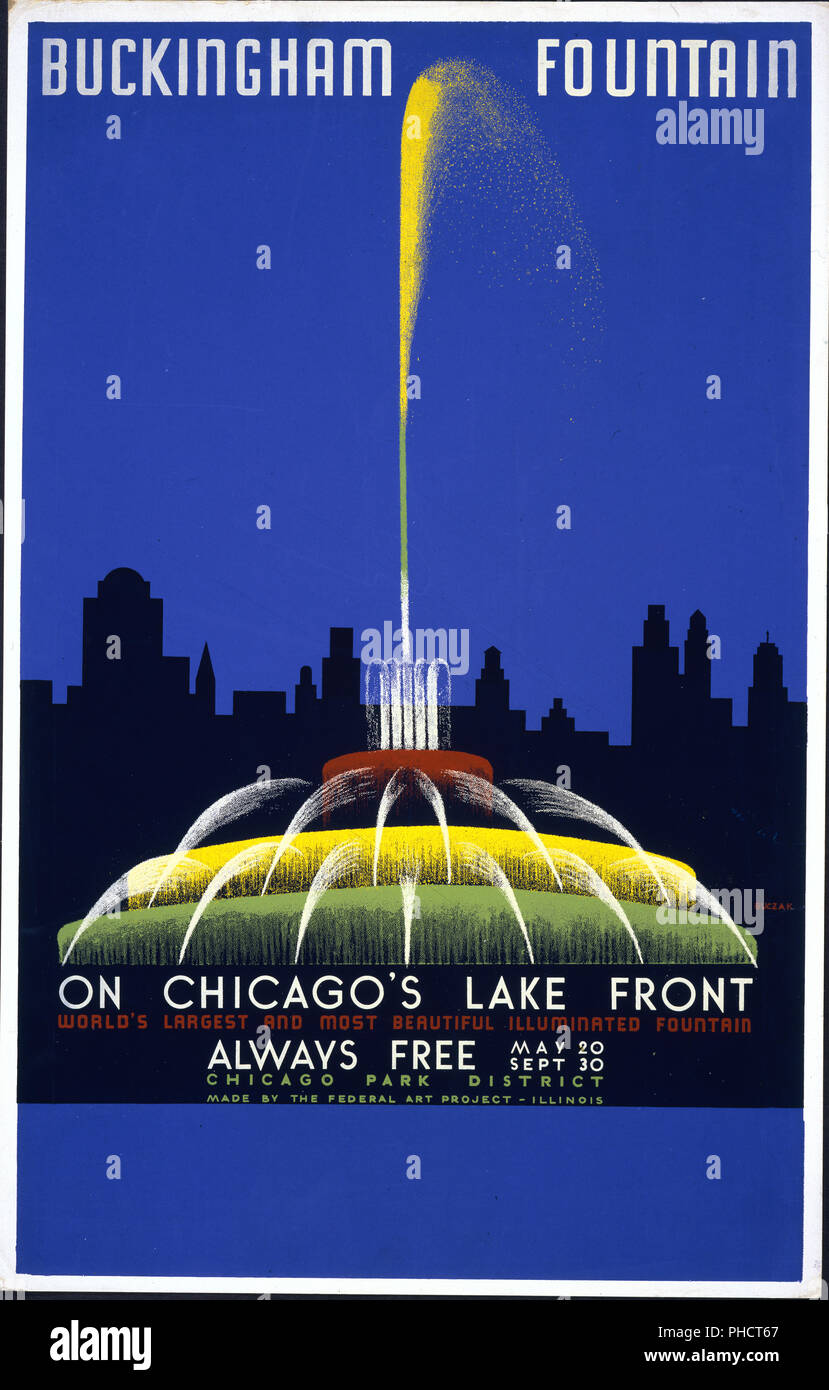 Poster showing fountain and Chicago skyline. Stock Photo