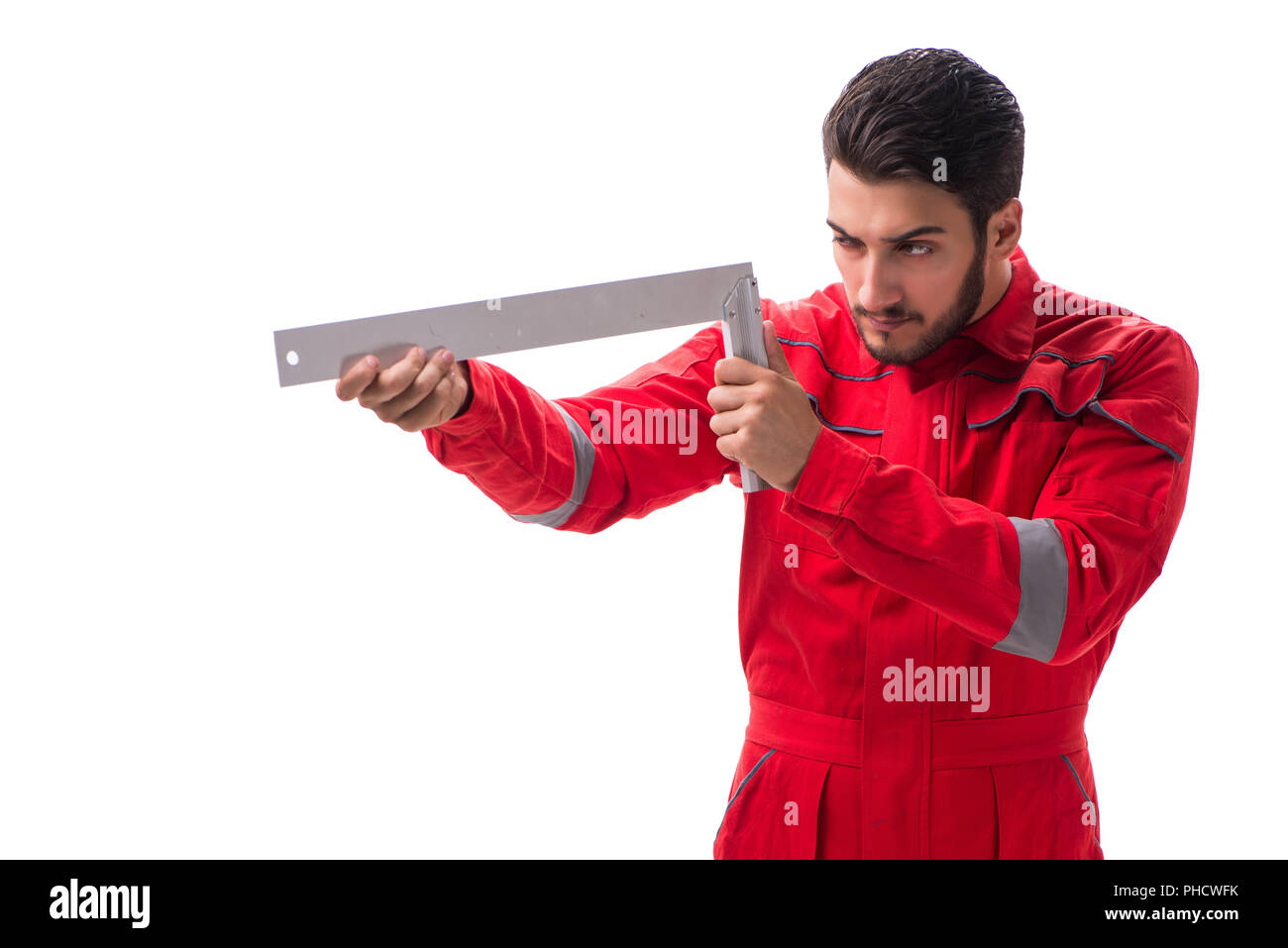 Young repairman with a square ruler isolated on white background Stock ...