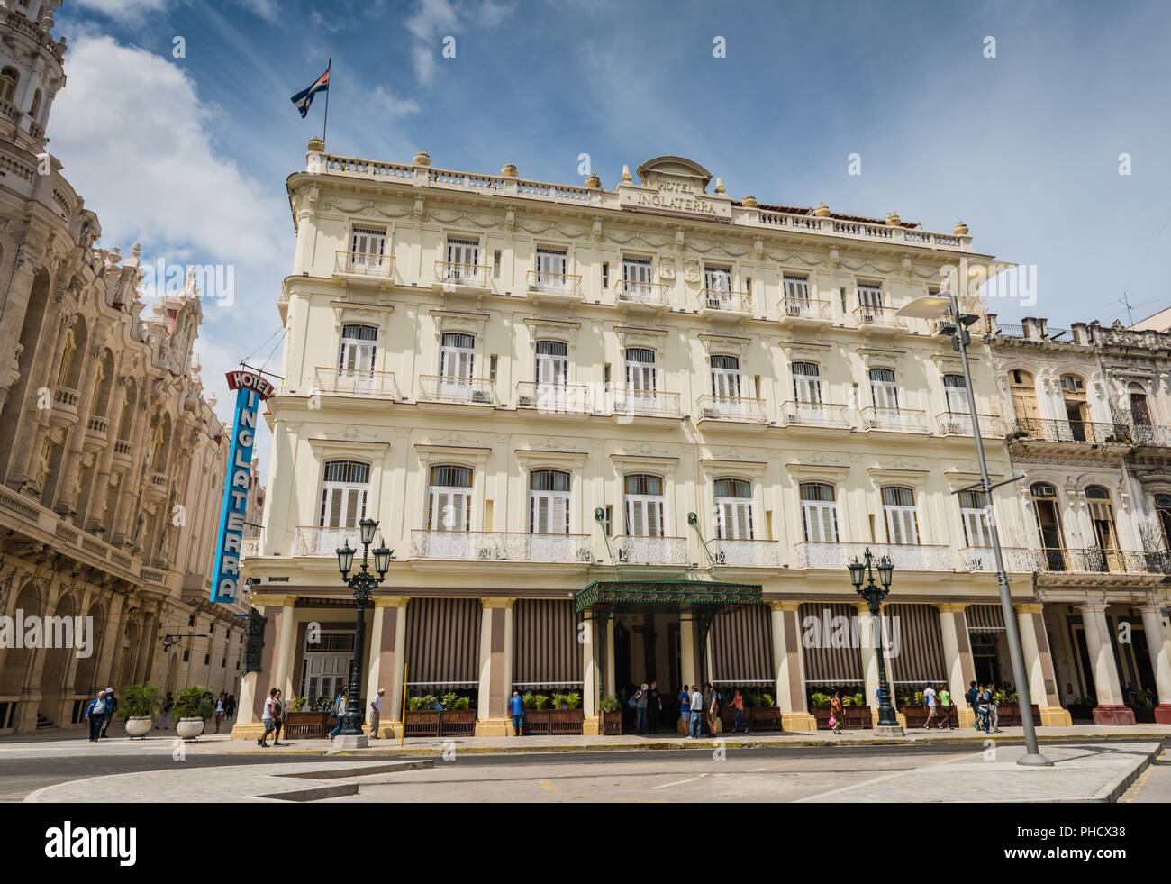 Historic Old Havana hotel with Colonial architecture  dating from 1875, located opposite Parque Central near Gran Teatro de La Habana. Stock Photo