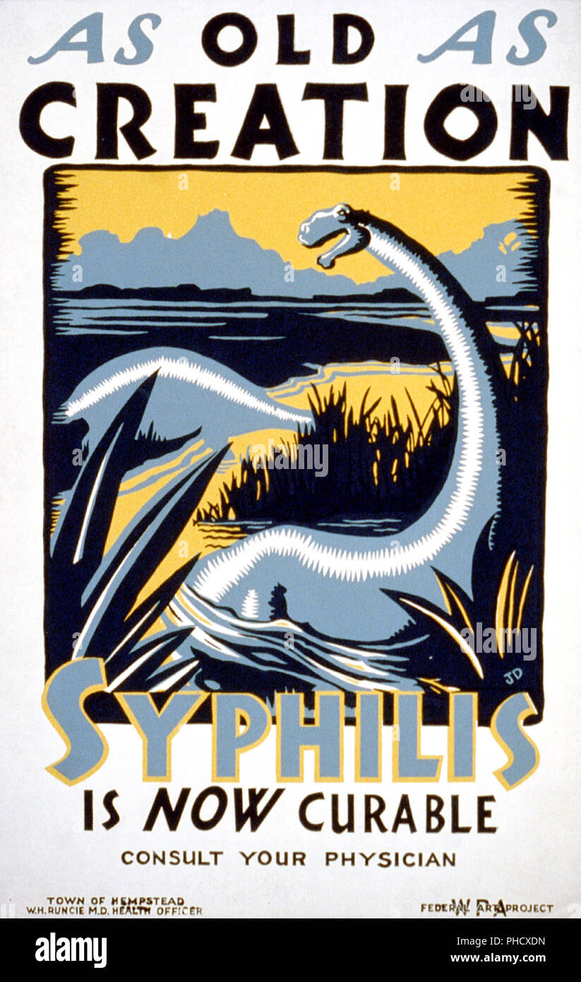 Poster promoting treatment for syphilis showing dinosaurs stock photo