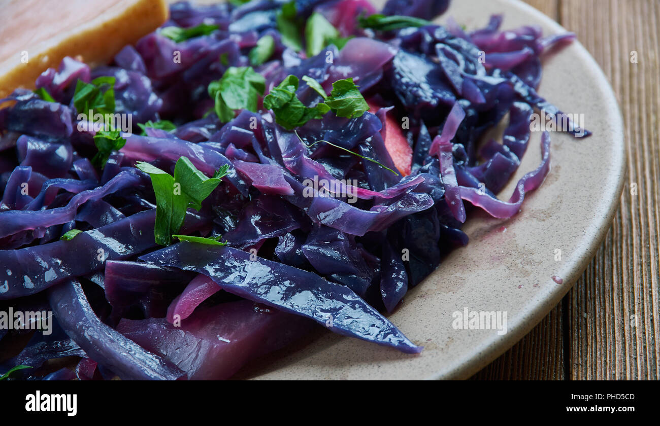 Slowcooked pork red cabbage Stock Photo Alamy