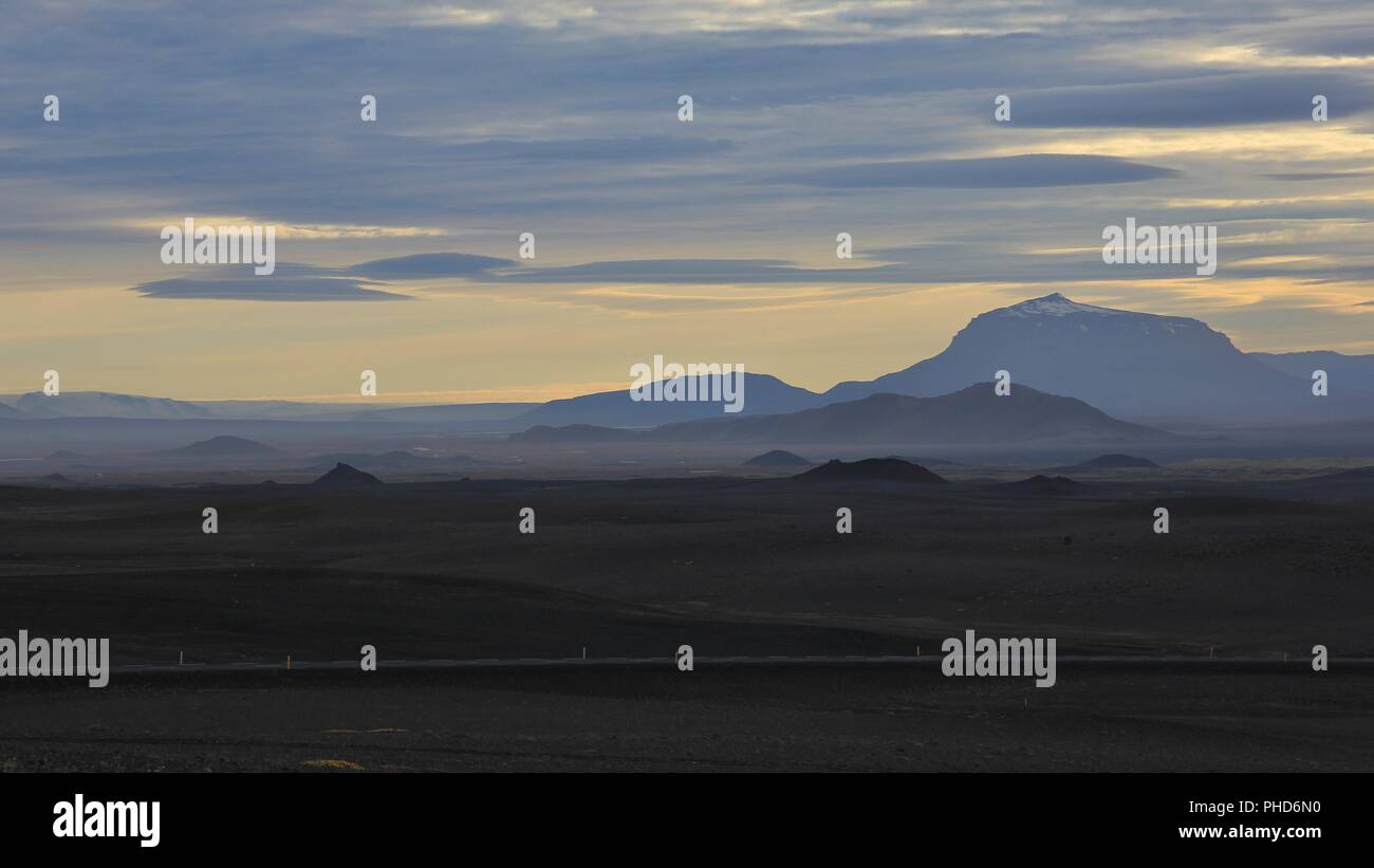 Volcanic landscape in north Iceland. Sunset scene. Stock Photo