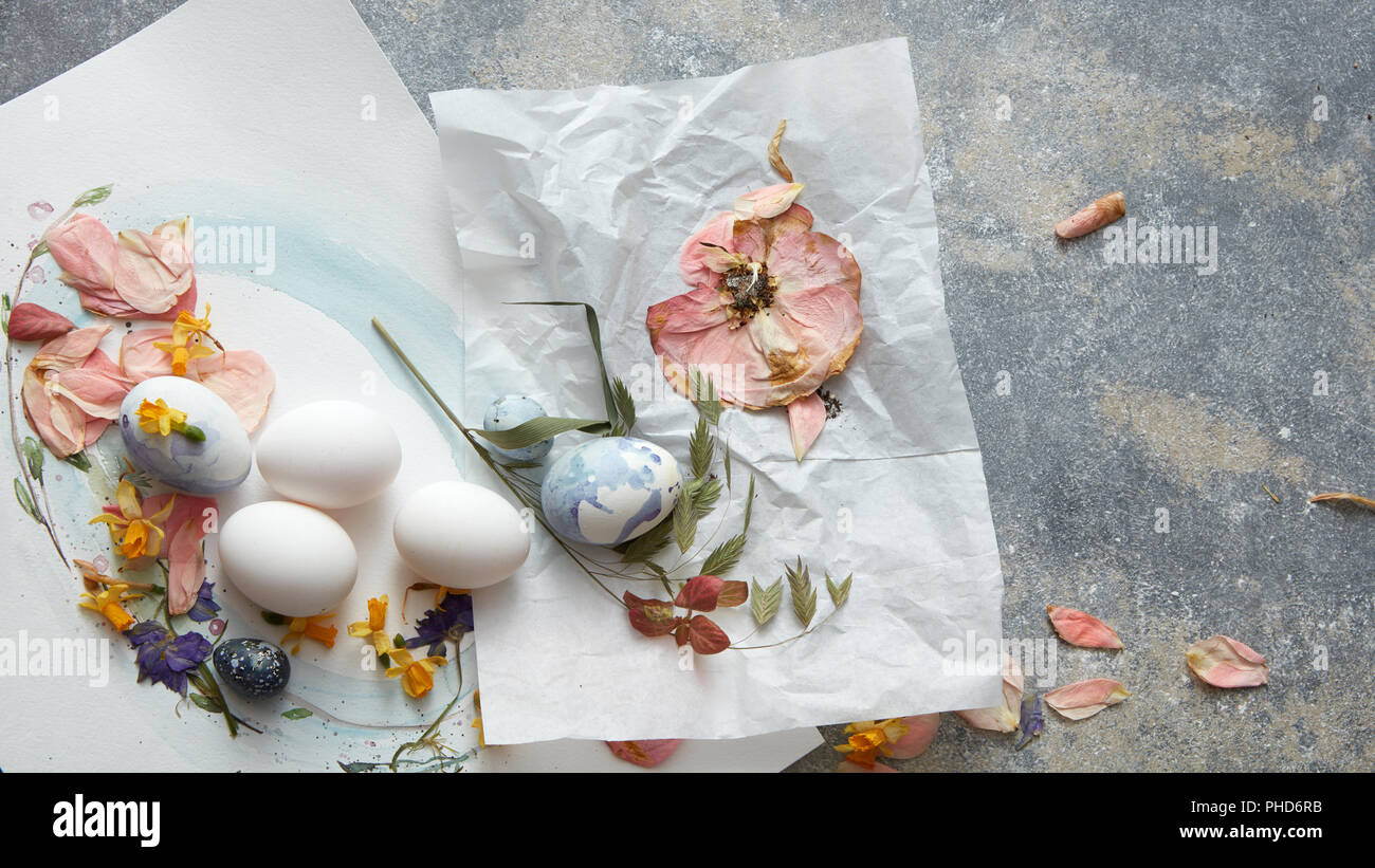 Creative Easter composition with dry flowers and eggs Stock Photo