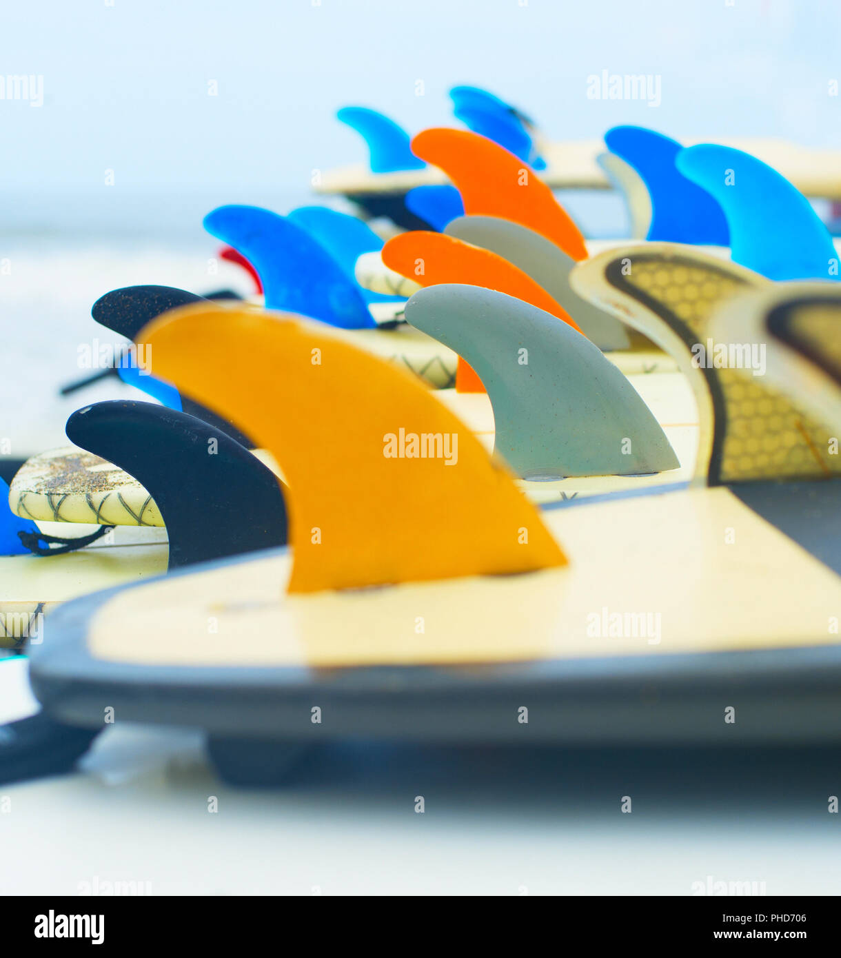 Surf boards and fins up Stock Photo Alamy