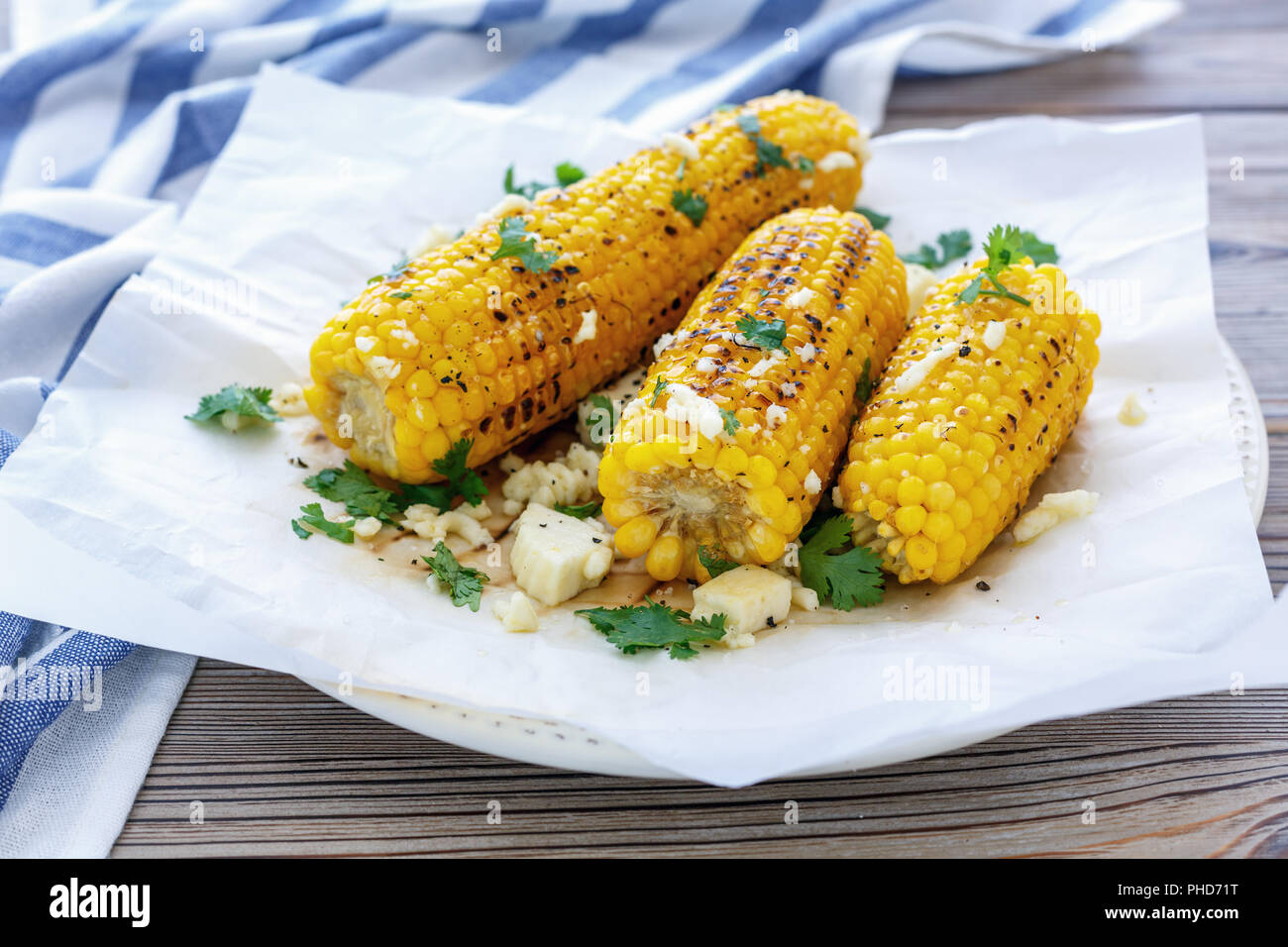 Sweet corn grilled with cheese and cilantro. Stock Photo