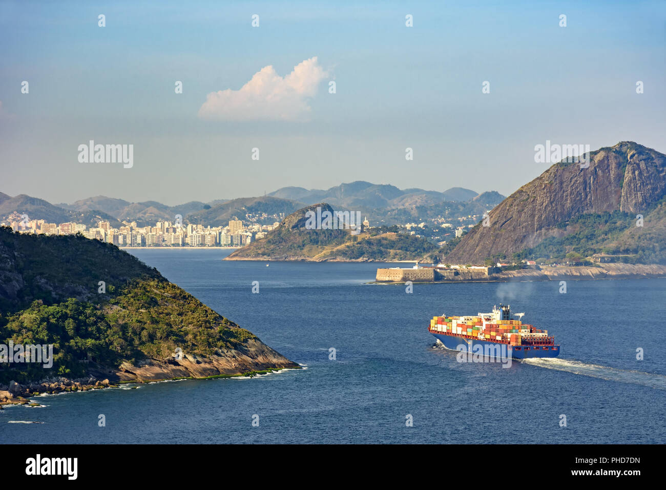 Cargo ship, loaded with containers, entering the Guanabara bay Stock Photo