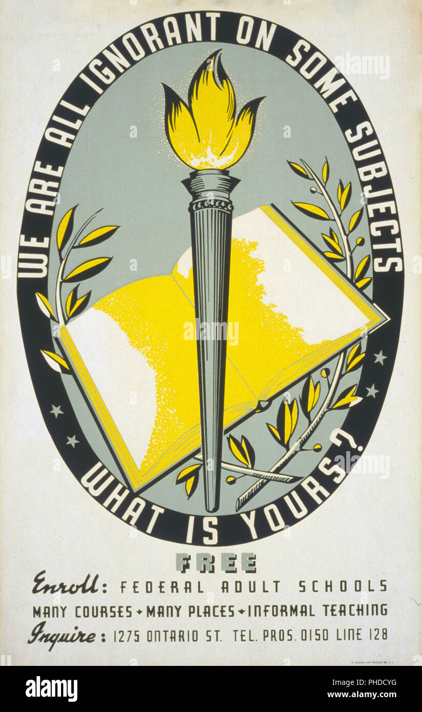 Poster announcing free adult education classes and encouraging adults to return to school, showing the flame of knowledge and an open book in oval. Stock Photo