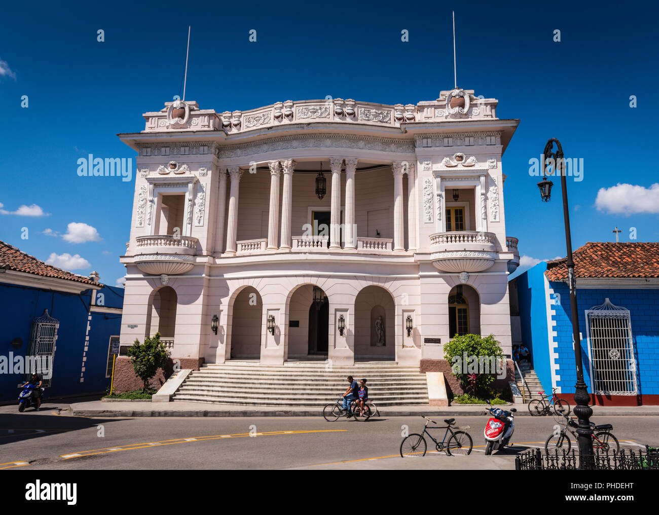 Sancti  Spiritus , Cuba / March 15, 2017: White colonial architecture of Ruben Martinez Villena library. Stock Photo