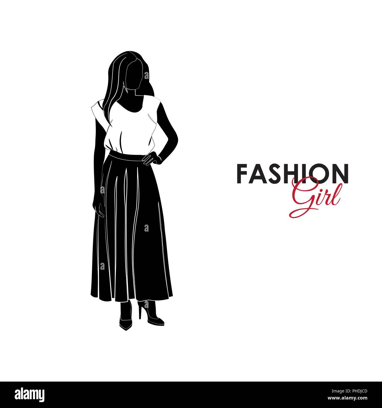 Fashionable girl. Fashion. Silhouette of a girl. A girl in a long skirt and blouse Stock Vector