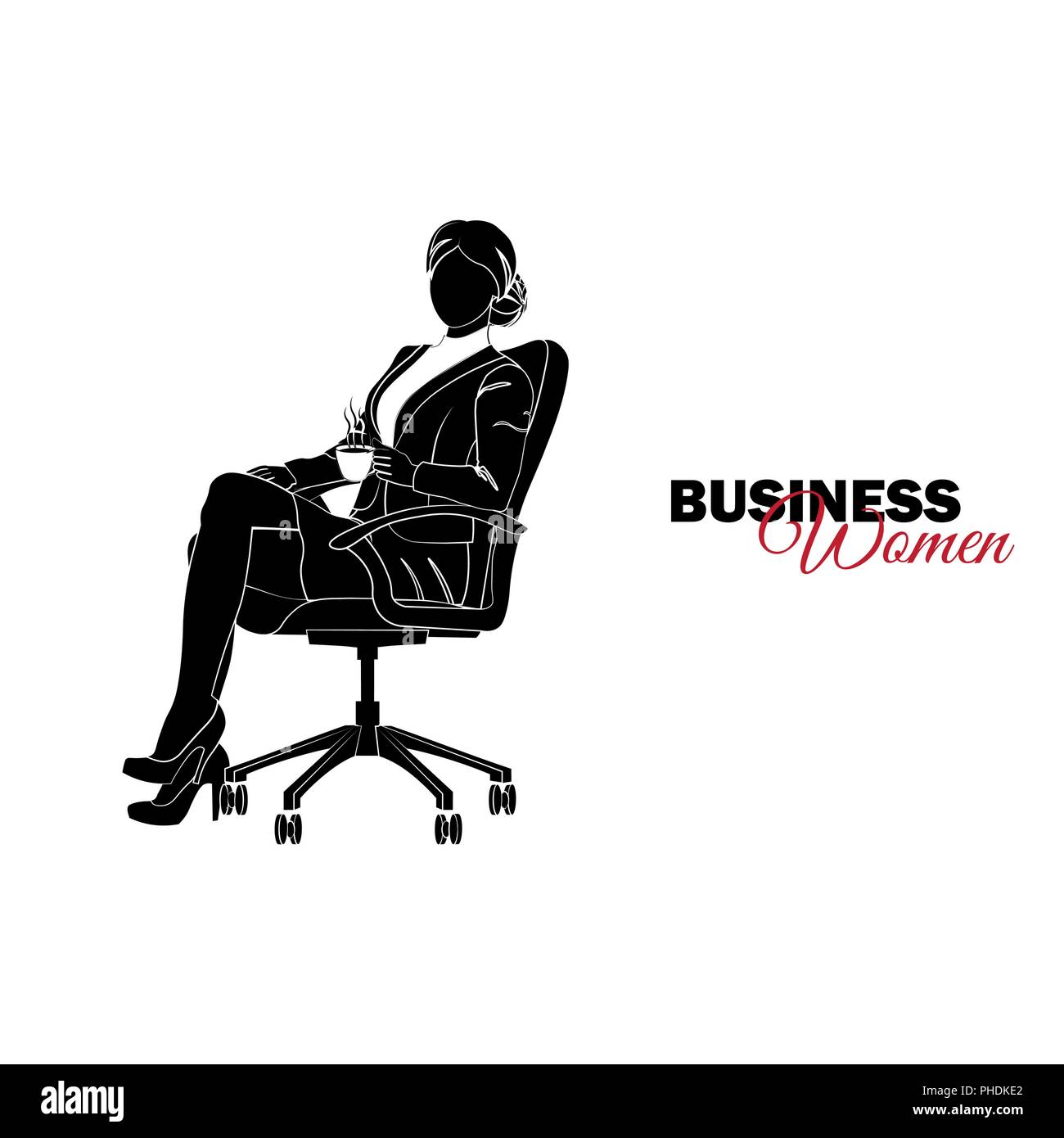 Businesswoman. Woman in business suit. Businesswoman sitting in a chair with a cup of coffee Stock Vector