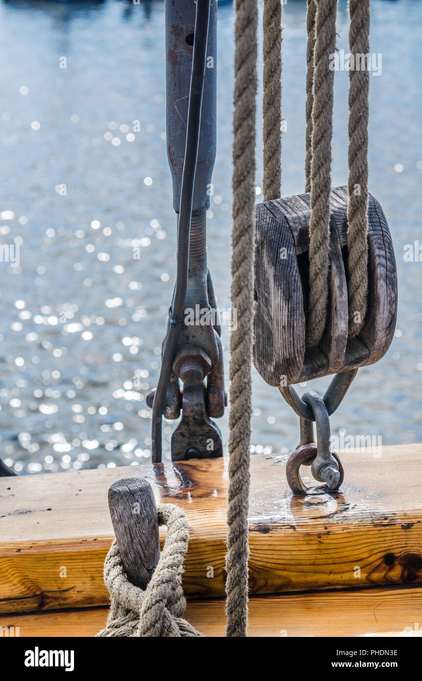 Rigging on the deck of an old sailing ship Stock Photo