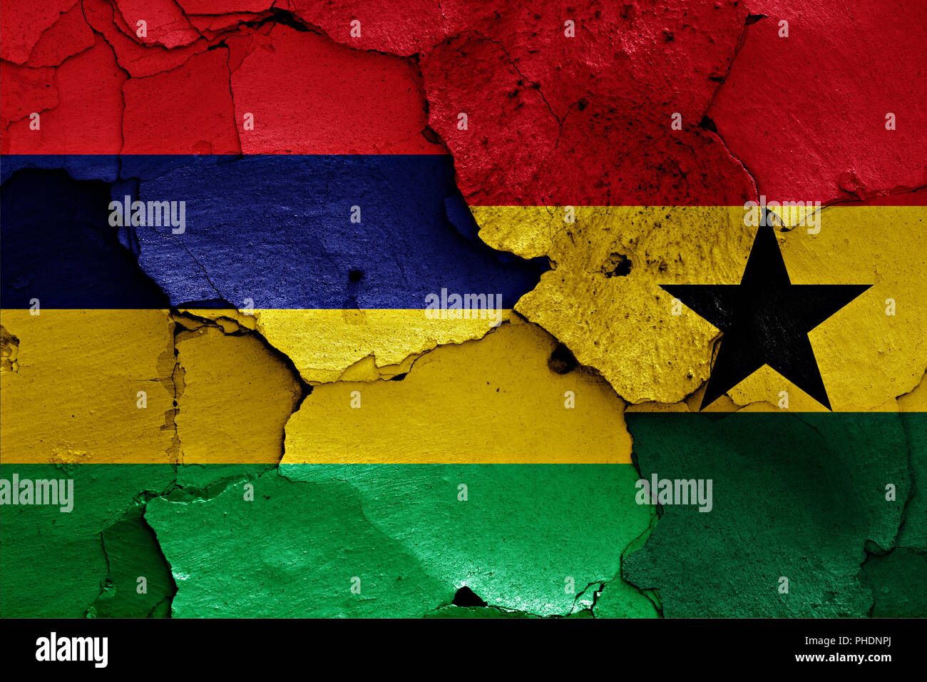 flags of Mauritius and Ghana painted on cracked wall Stock Photo - Alamy