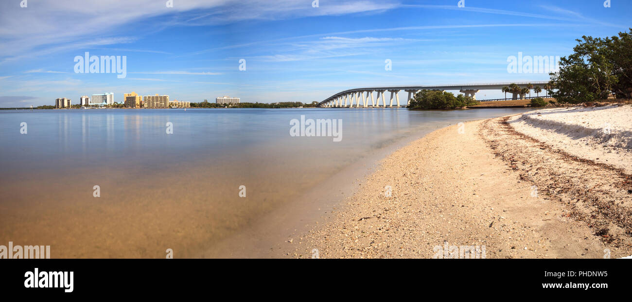 View from the beach of Sanibel Causeway bridge, Stock Photo