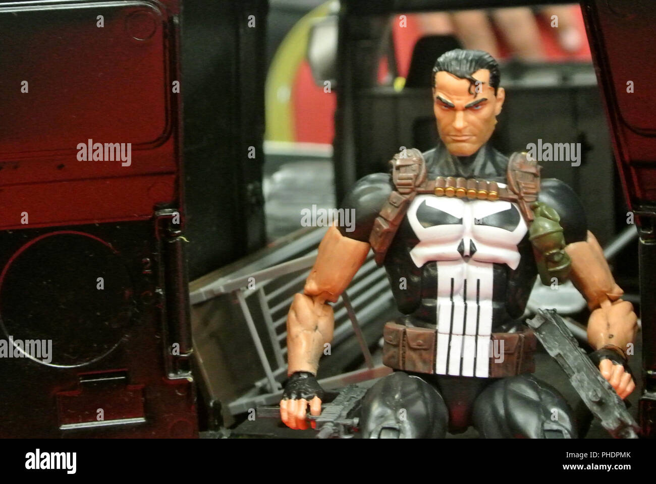 Fiction character of PUNISHER from MARVEL movies and comic. PUNISHER action figure toys in various size display for the public. Stock Photo