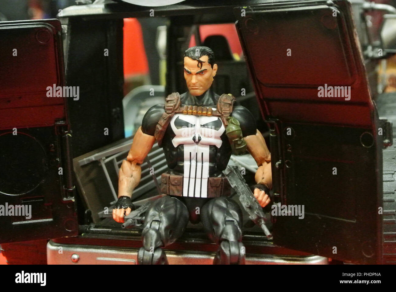 Fiction character of PUNISHER from MARVEL movies and comic. PUNISHER action figure toys in various size display for the public. Stock Photo