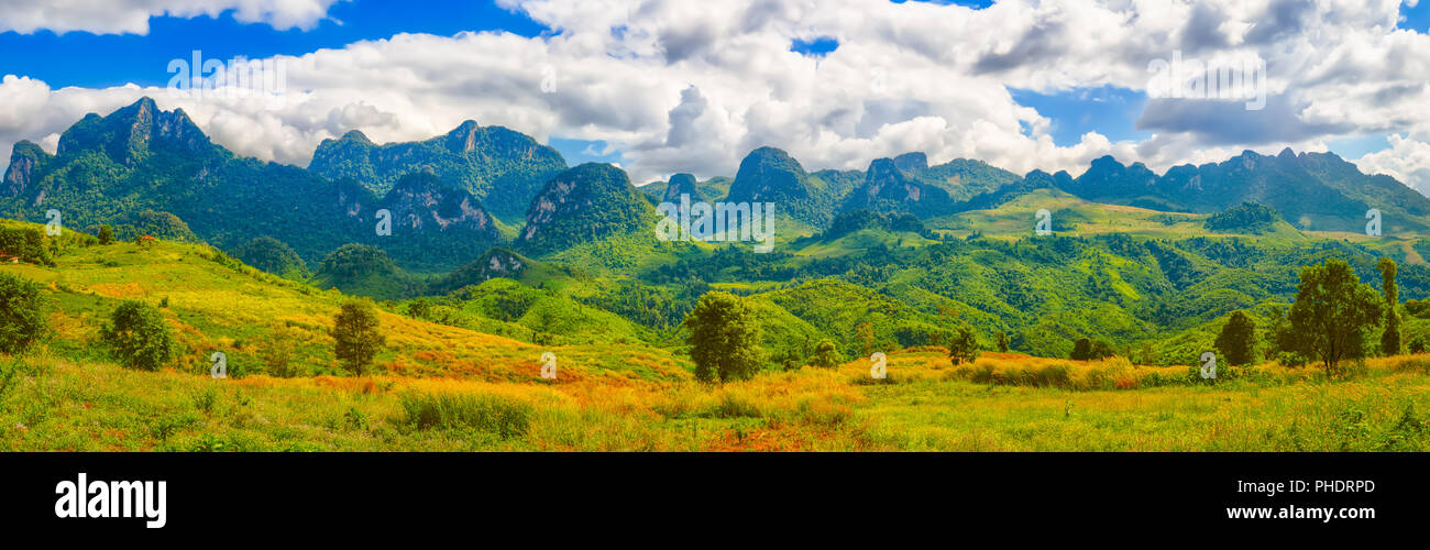 Beautiful landscape, mountain on background.Vang Vieng, Laos. Panorama Stock Photo